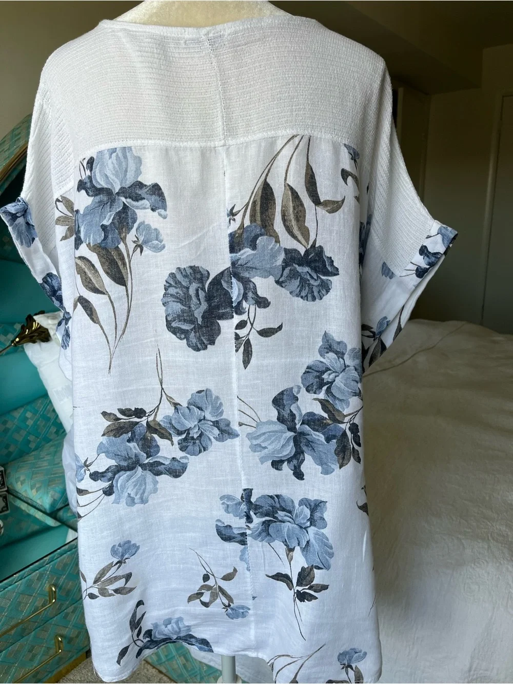Lungo L’Ajno Linen Tunic Top 3X Blue Floral White Resort Beach Cover Up - Picture 3 of 9